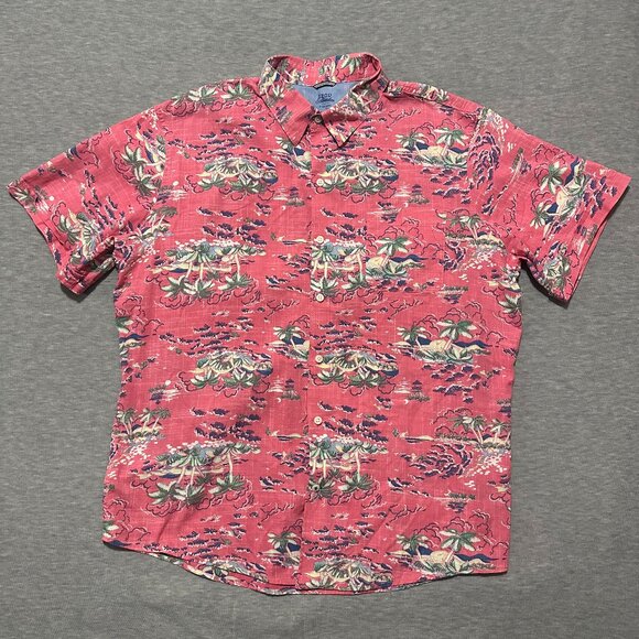 IZOD Saltwater Shirt Mens XL Pink Hawaiian Camp Relaxed Button Down Palm Trees - Picture 1 of 12